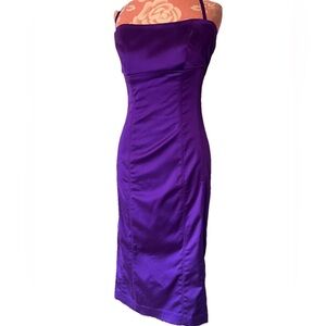 Bebe Dress Purple Bodycon Strapless Y2K Vintage Size Large Satin Midi Cocktail